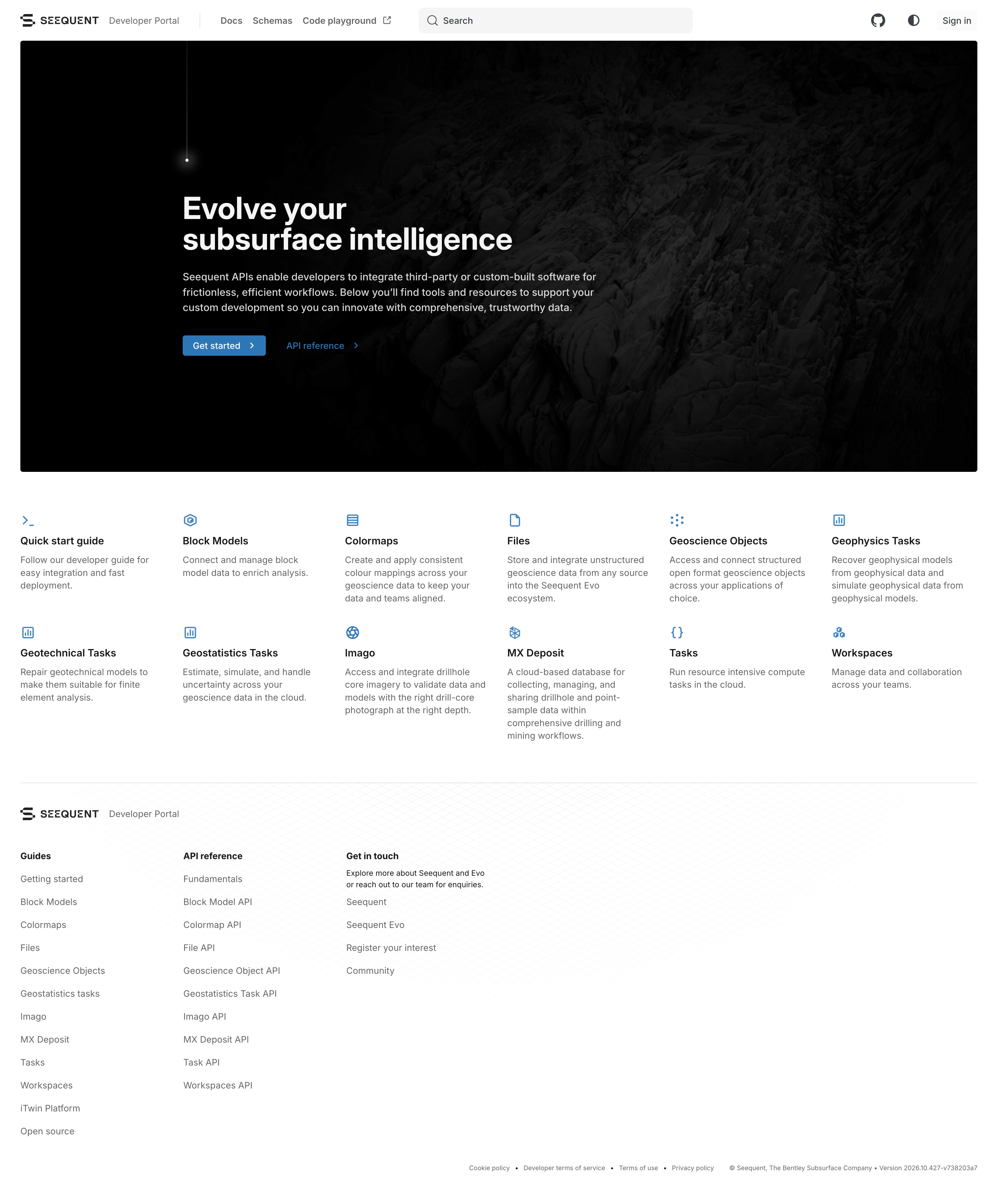 Seequent Evo developer portal showing APIs, data structures, and geoscience tools