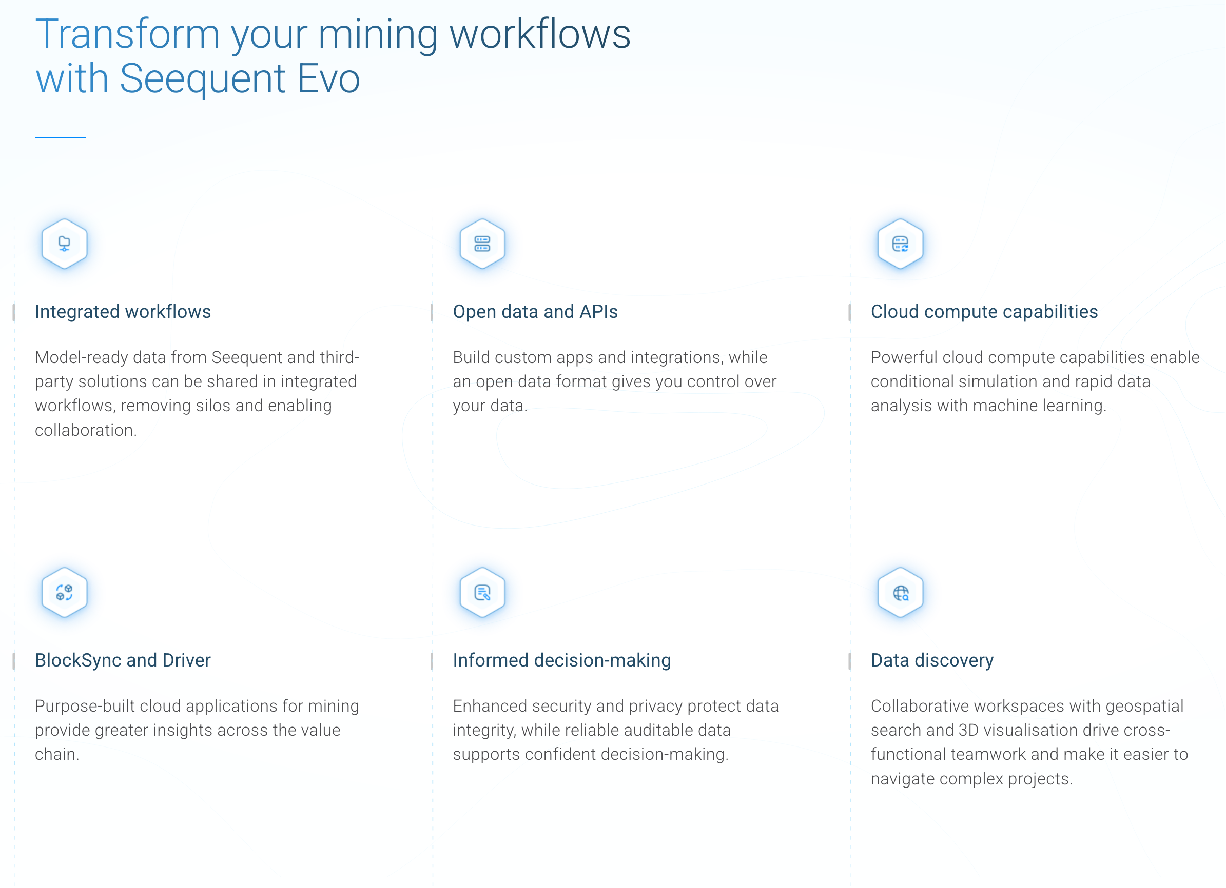 Seequent Evo platform proposition showing integrated workflows, open data and APIs, and cloud compute