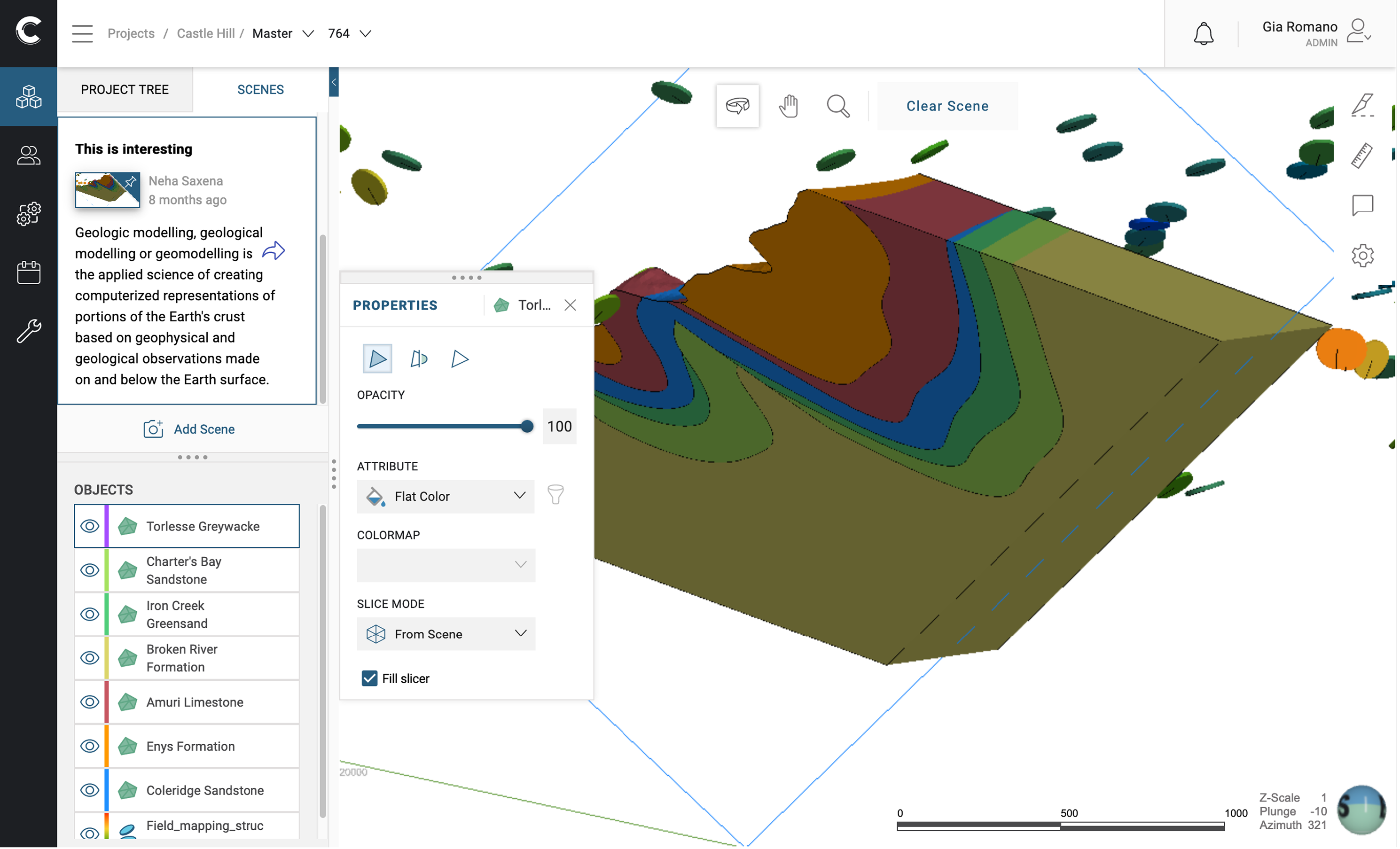 Central Viewer showing a geological model with project tree, scene controls, and properties